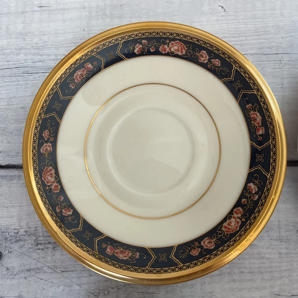 Lenox Royal Peony Saucers Set of 4 Ivory Navy Pink Floral Gold Trim Made in USA